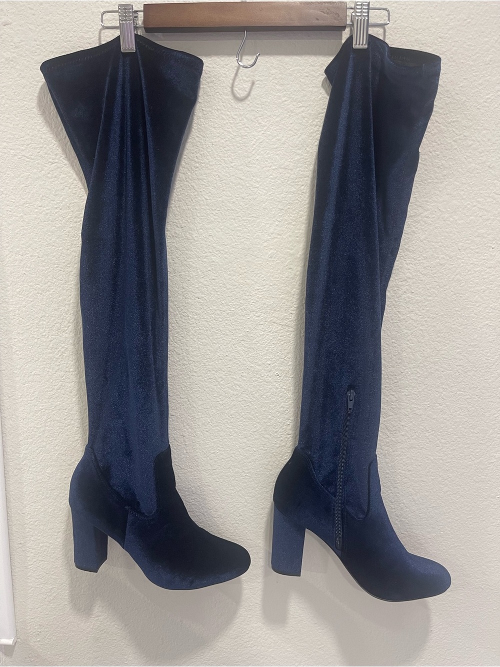 Madden Girl Over-the-Knee Velvet Block Heel Boots - Navy